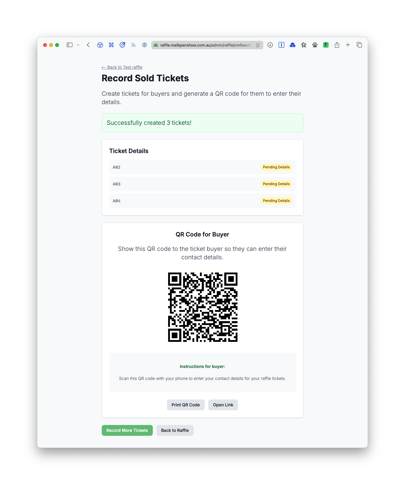 A screenshot of the web app's “Reacord Sold Tickets” screen, showing a QR code and instructions for a ticket buyer to claim their purchased tickets